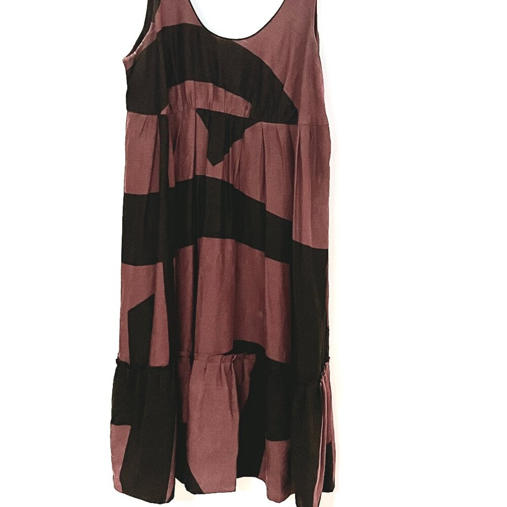 Anthropologie Babydoll Dress Size 6 Silk Linen Brown Black Geometric Pintuck Hem